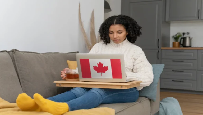 Canada flag on the laptop of a student